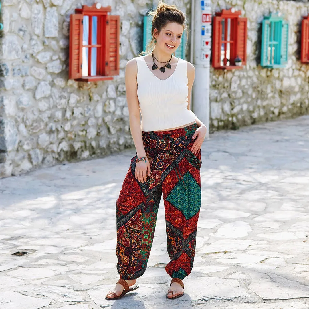 Ethnic Print Elastic Waist Boho Style Baggy Pants
